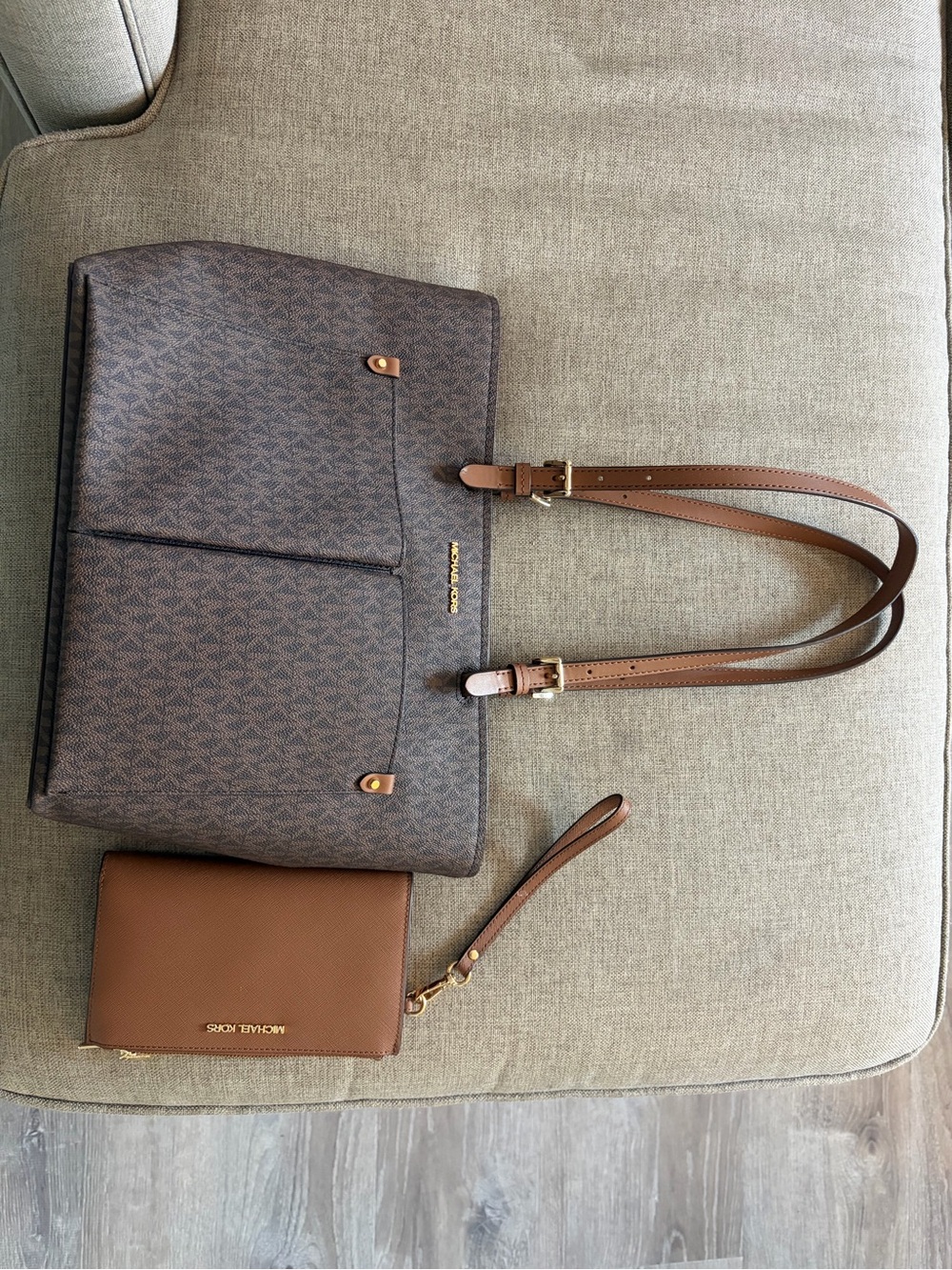 Michael Kors Dark Brown Patterned Tote and Monogram Wallet